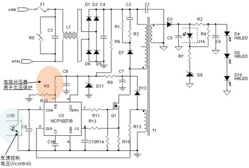 图5:基于ncp1607/8 pfc控制器的8 w-25 w ac-dc led照明应用示意图